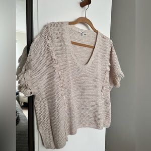 Cream bohemian short sleeve crop fringe open weave sweater